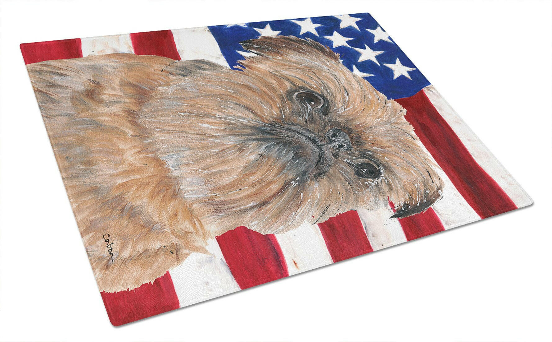 Brussels Griffon with American Flag Cutting Board Tempered Glass Kitchen Cutting Surface, Heat Resistant Chopping, Non-Slip Feet, Food Prep & Serving