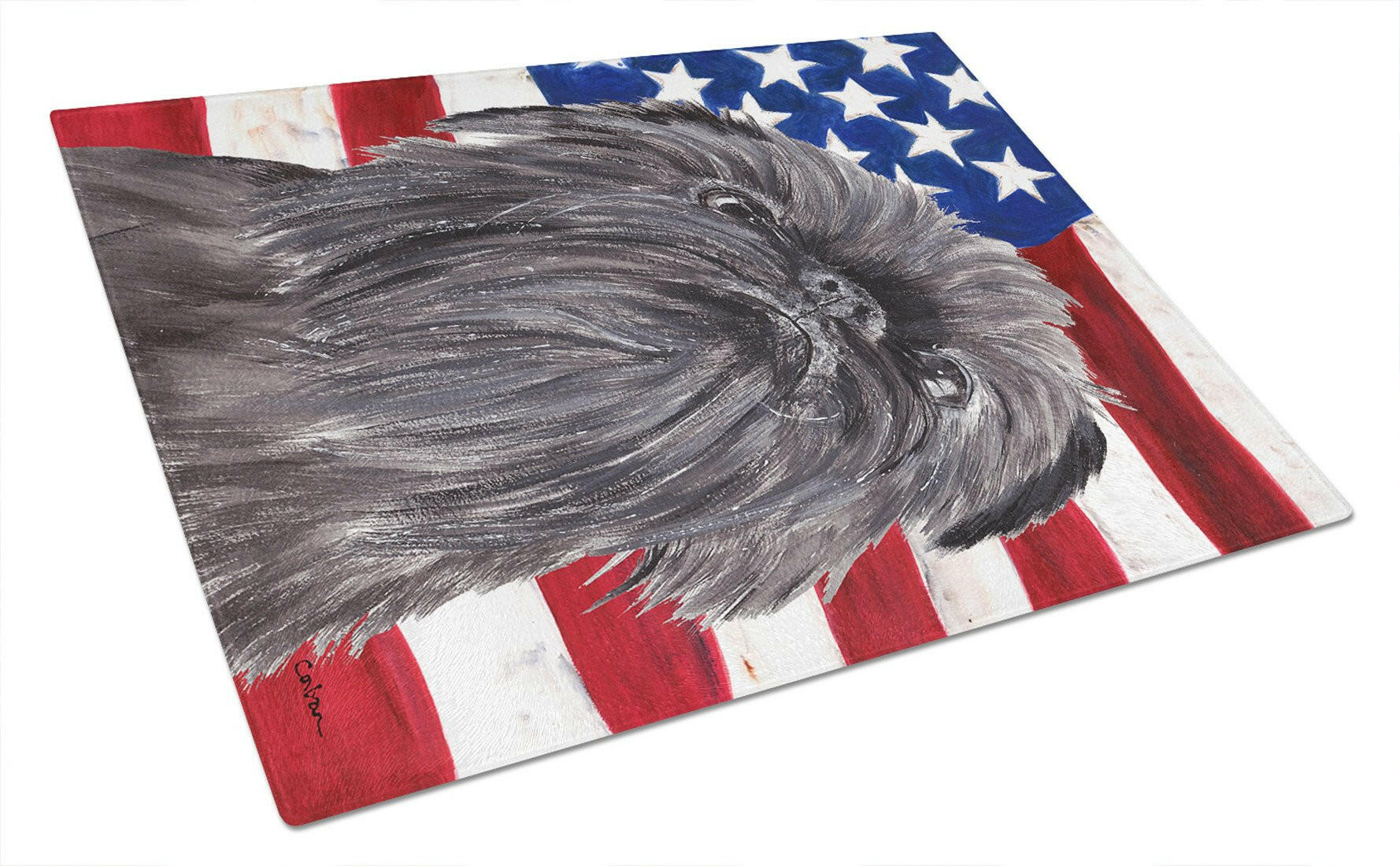 Brussels Griffon with American Flag Cutting Board Tempered Glass Kitchen Cutting Surface, Heat Resistant Chopping, Non-Slip Feet, Food Prep & Serving