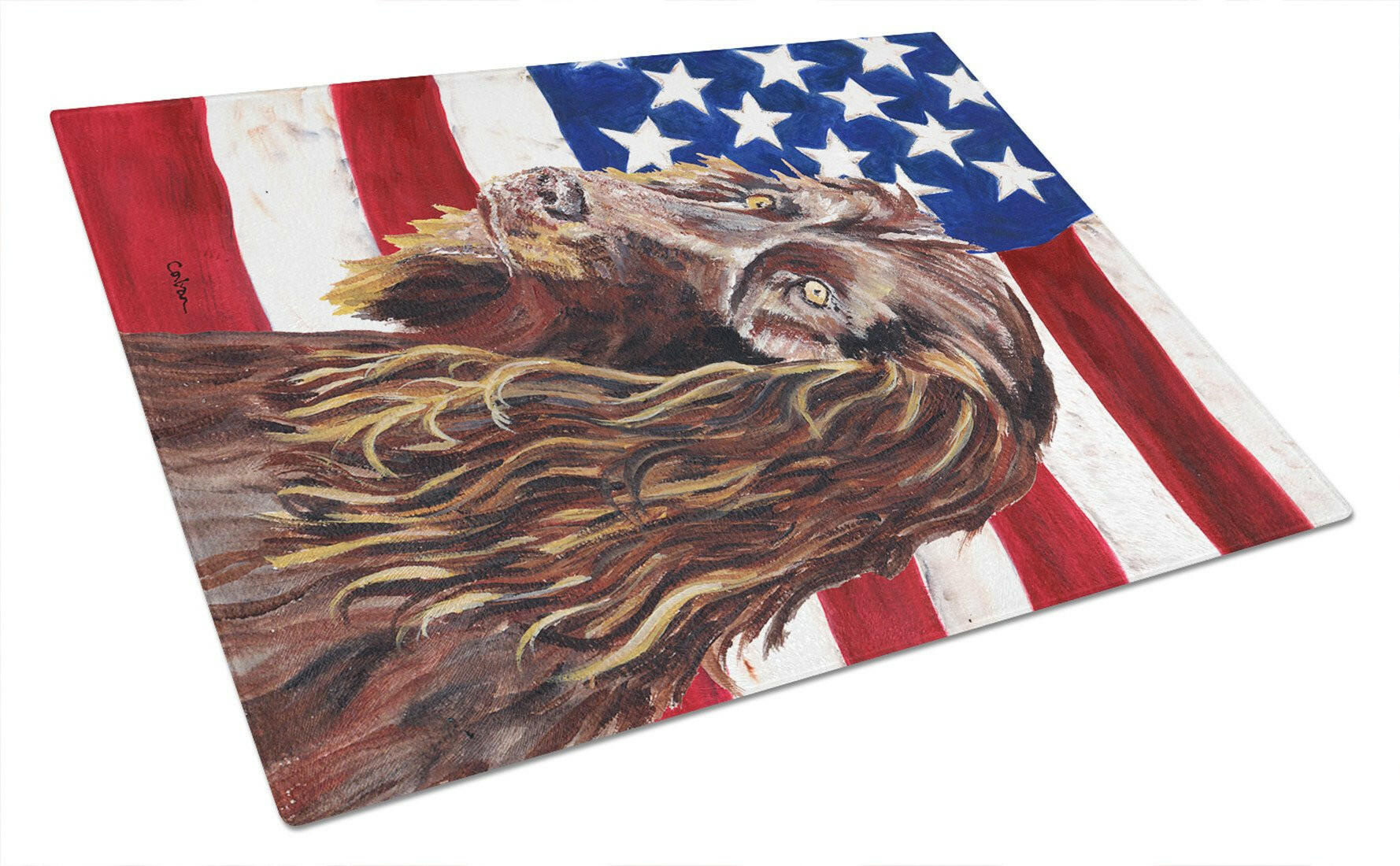 Boykin Spaniel with American Flag Cutting Board Tempered Glass Kitchen Cutting Surface, Heat Resistant Chopping, Non-Slip Feet, Food Prep & Serving