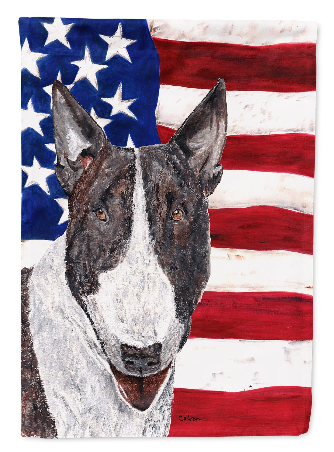 Bull Terrier with American Flag House Flag 28x40 Porch Sleeve Pole Decorative Outside Yard Banner Artwork Wall Hanging, Polyester