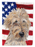 Golden Doodle with American Flag House Flag 28x40 Porch Sleeve Pole Decorative Outside Yard Banner Artwork Wall Hanging, Polyester