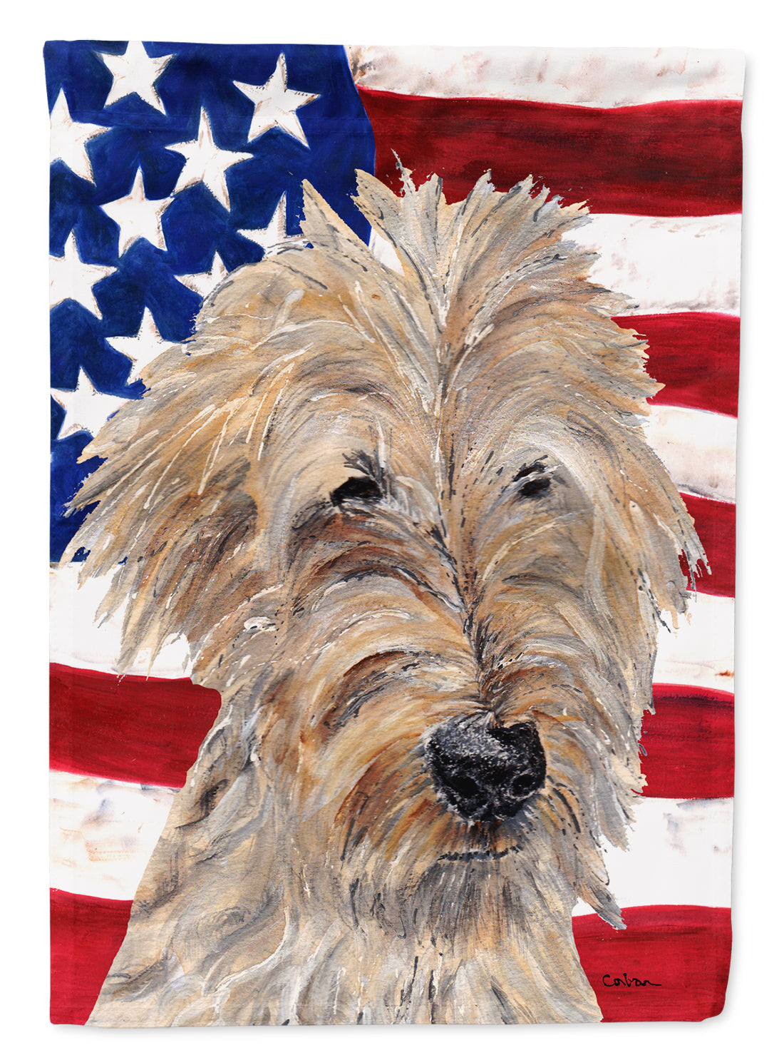 Golden Doodle with American Flag House Flag 28x40 Porch Sleeve Pole Decorative Outside Yard Banner Artwork Wall Hanging, Polyester