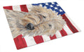 Golden Doodle with American Flag Cutting Board Tempered Glass Kitchen Cutting Surface, Heat Resistant Chopping, Non-Slip Feet, Food Prep & Serving