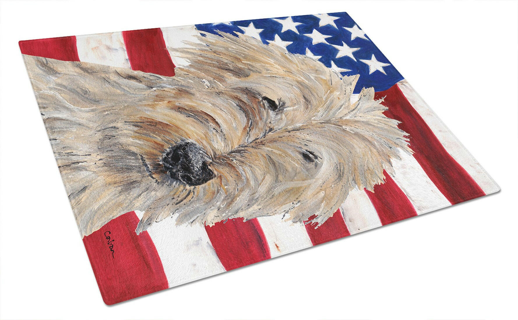 Golden Doodle with American Flag Cutting Board Tempered Glass Kitchen Cutting Surface, Heat Resistant Chopping, Non-Slip Feet, Food Prep & Serving
