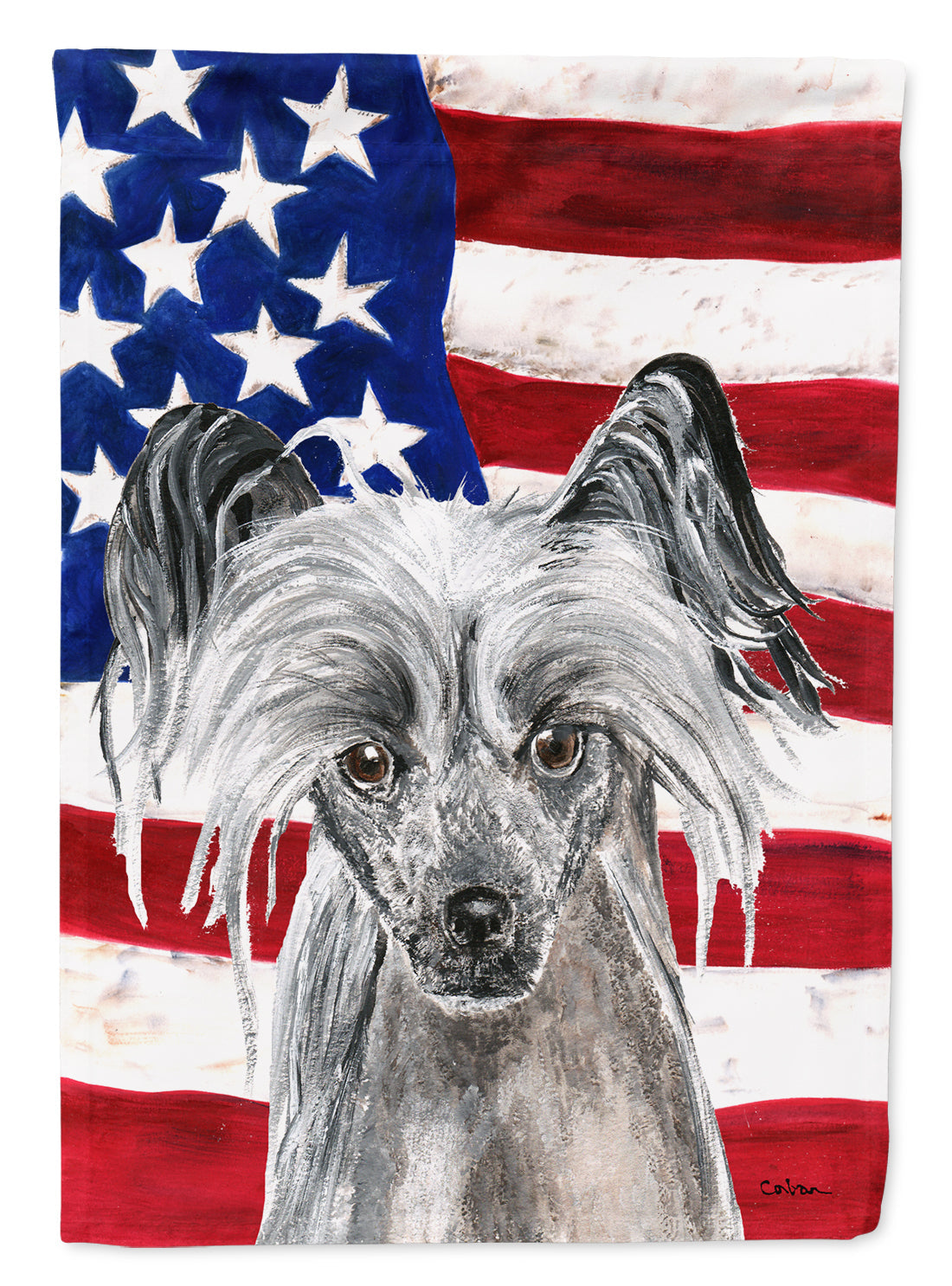 Chinese Crested with American Flag House Flag 28x40 Porch Sleeve Pole Decorative Outside Yard Banner Artwork Wall Hanging, Polyester