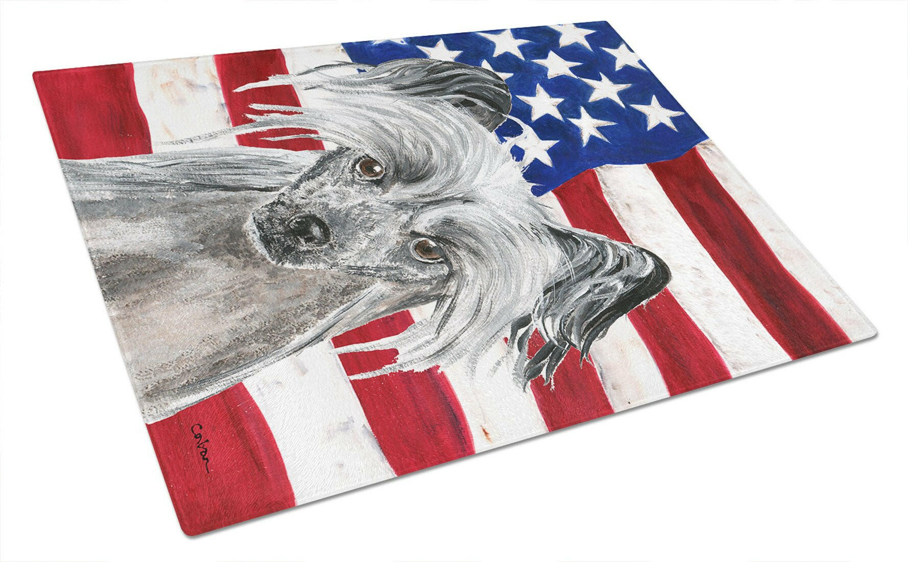 Chinese Crested with American Flag Cutting Board Tempered Glass Kitchen Cutting Surface, Heat Resistant Chopping, Non-Slip Feet, Food Prep & Serving