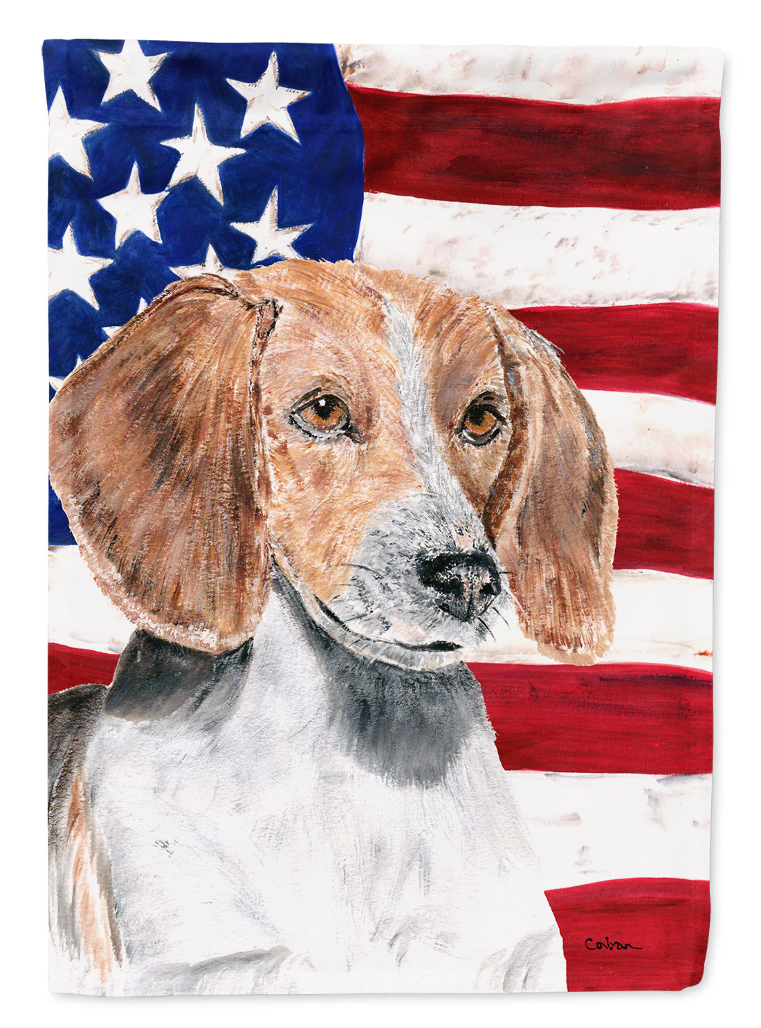 English Foxhound with American Flag House Flag 28x40 Porch Sleeve Pole Decorative Outside Yard Banner Artwork Wall Hanging, Polyester