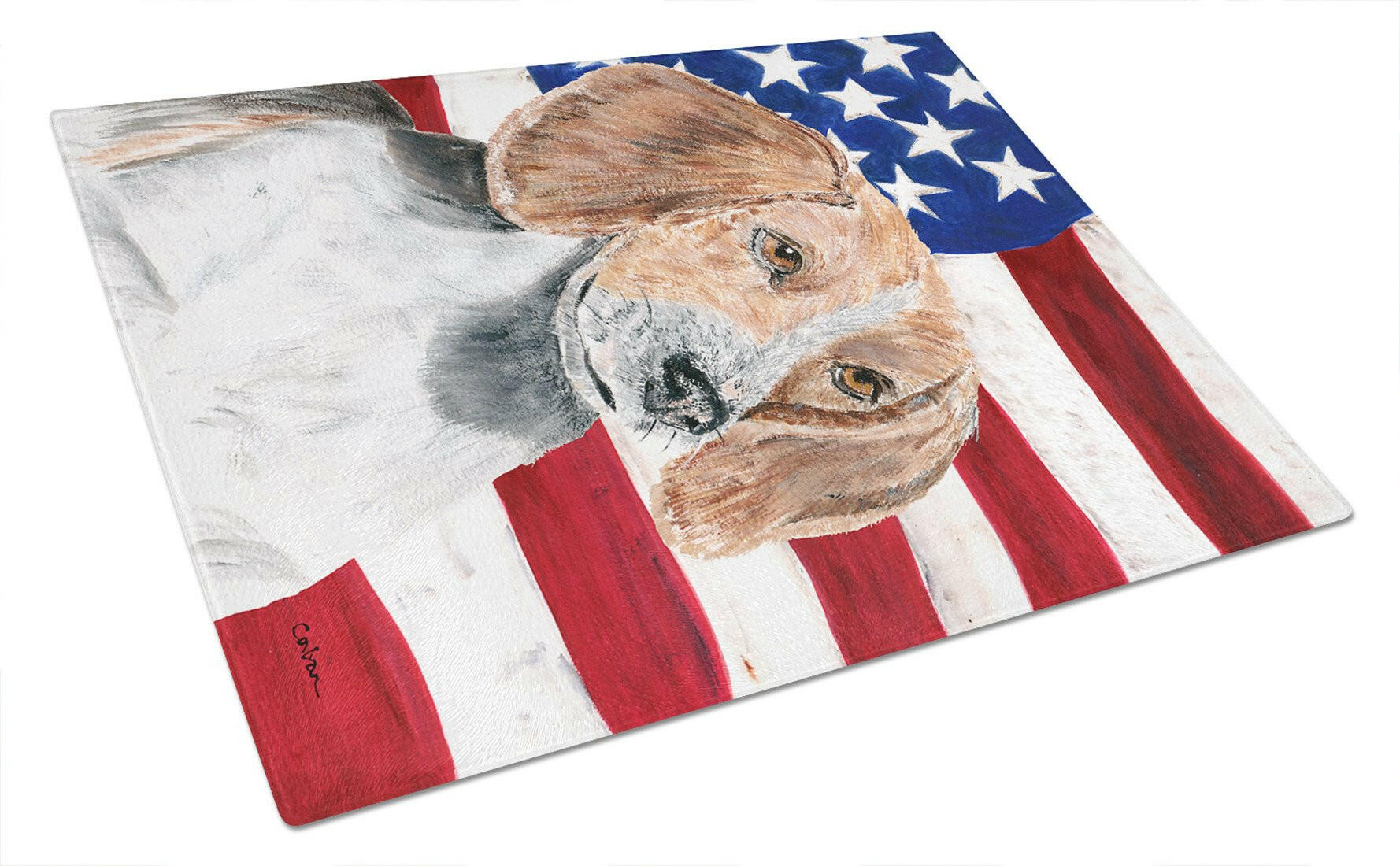 English Foxhound with American Flag Cutting Board Tempered Glass Kitchen Cutting Surface, Heat Resistant Chopping, Non-Slip Feet, Food Prep & Serving