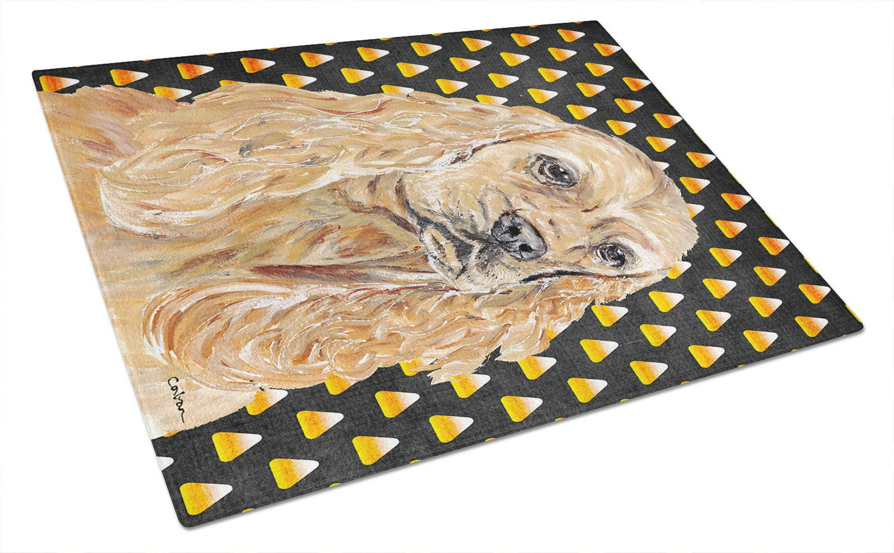 Buff Cocker Spaniel  Candy Corn Halloween Cutting Board Tempered Glass Kitchen Cutting Surface, Heat Resistant Chopping, Non-Slip Feet, Food Prep & Serving
