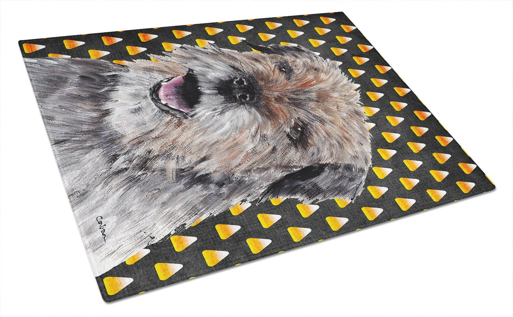 Border Terrier  Candy Corn Halloween Cutting Board Tempered Glass Kitchen Cutting Surface, Heat Resistant Chopping, Non-Slip Feet, Food Prep & Serving