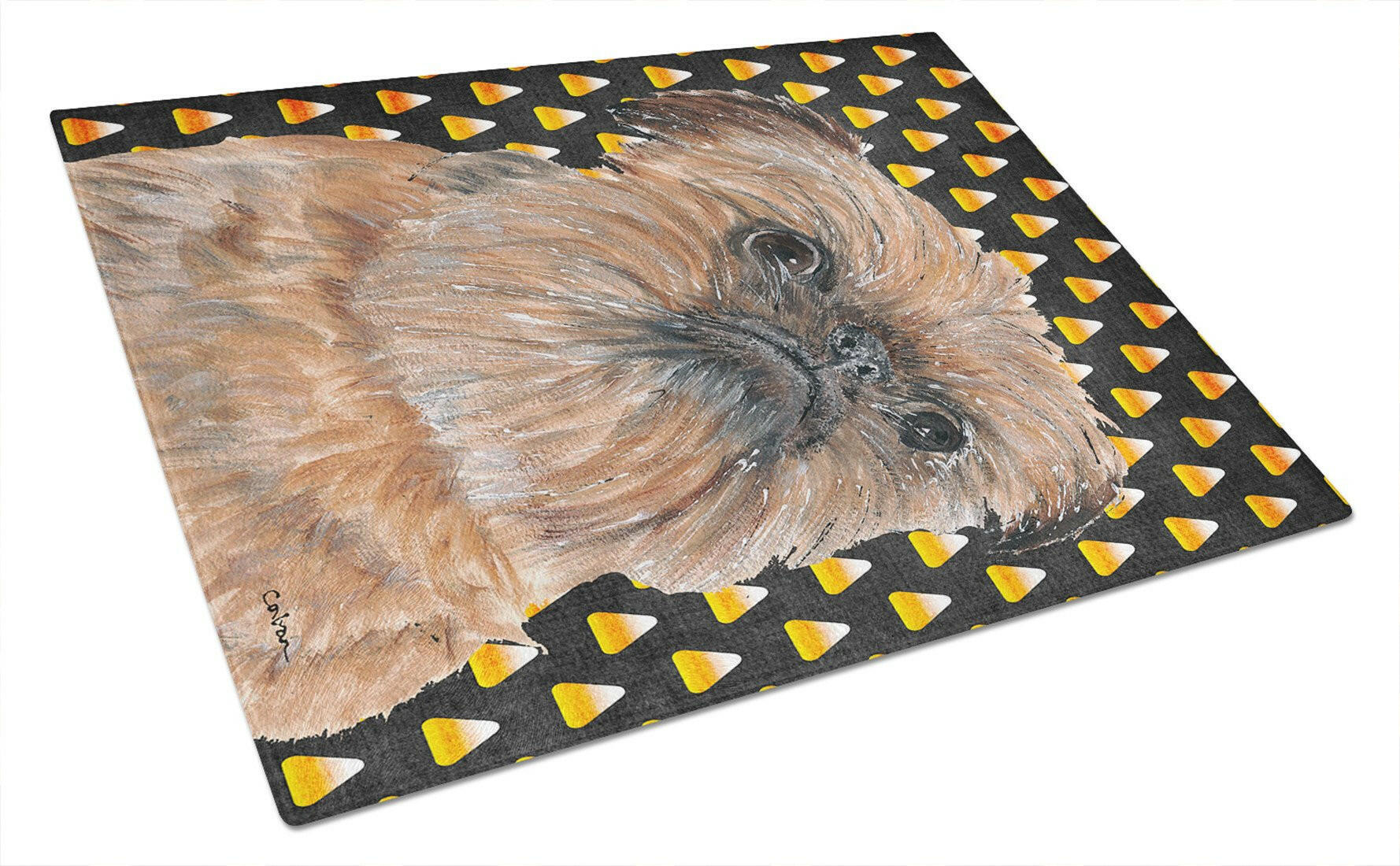 Brussels Griffon  Candy Corn Halloween Cutting Board Tempered Glass Kitchen Cutting Surface, Heat Resistant Chopping, Non-Slip Feet, Food Prep & Serving