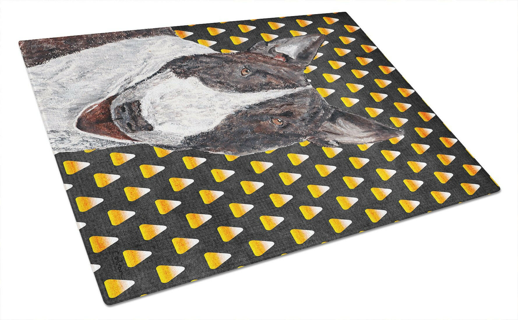 Bull Terrier Candy Corn Halloween Cutting Board Tempered Glass Kitchen Cutting Surface, Heat Resistant Chopping, Non-Slip Feet, Food Prep & Serving