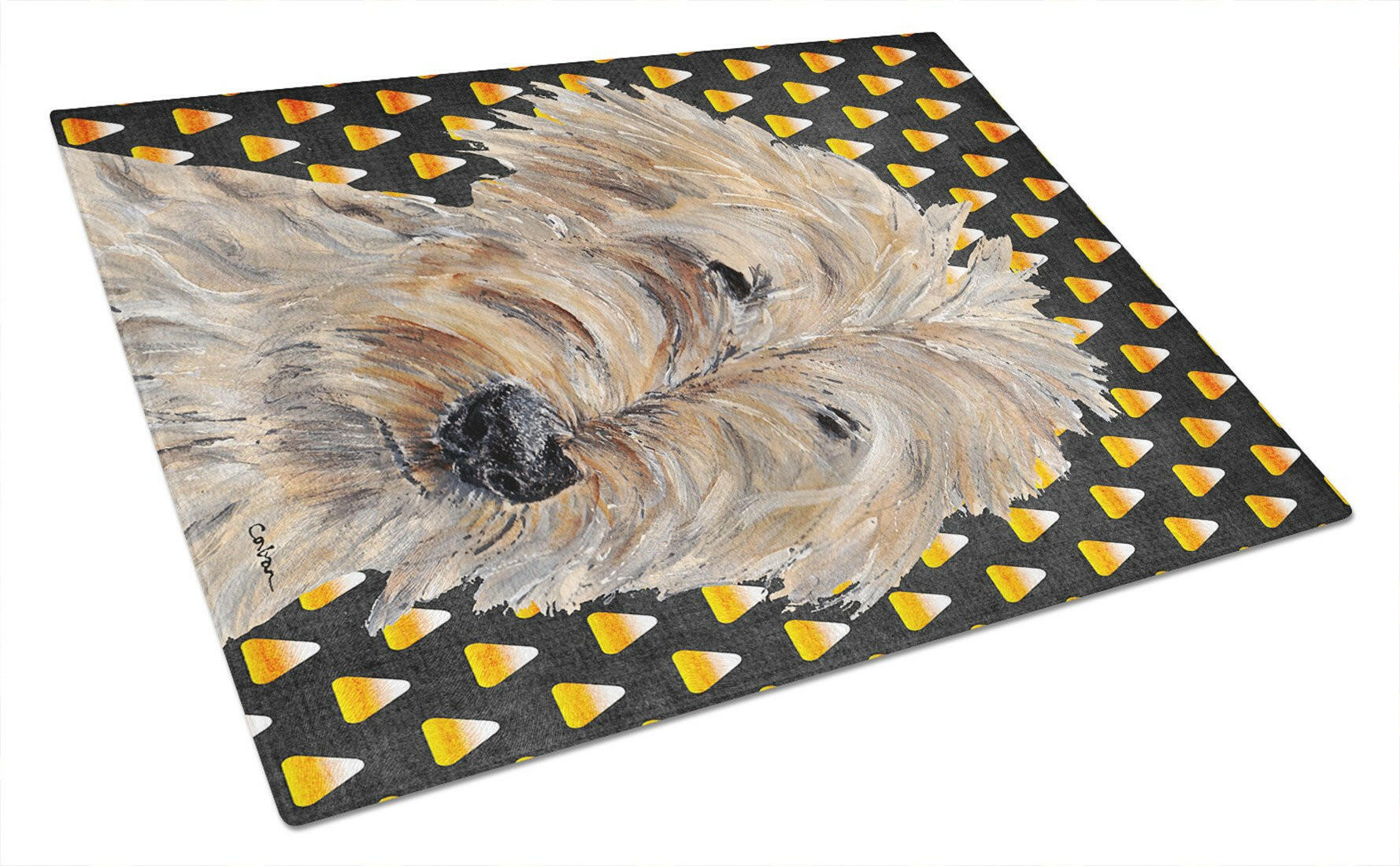 Golden Doodle Candy Corn Halloween Cutting Board Tempered Glass Kitchen Cutting Surface, Heat Resistant Chopping, Non-Slip Feet, Food Prep & Serving