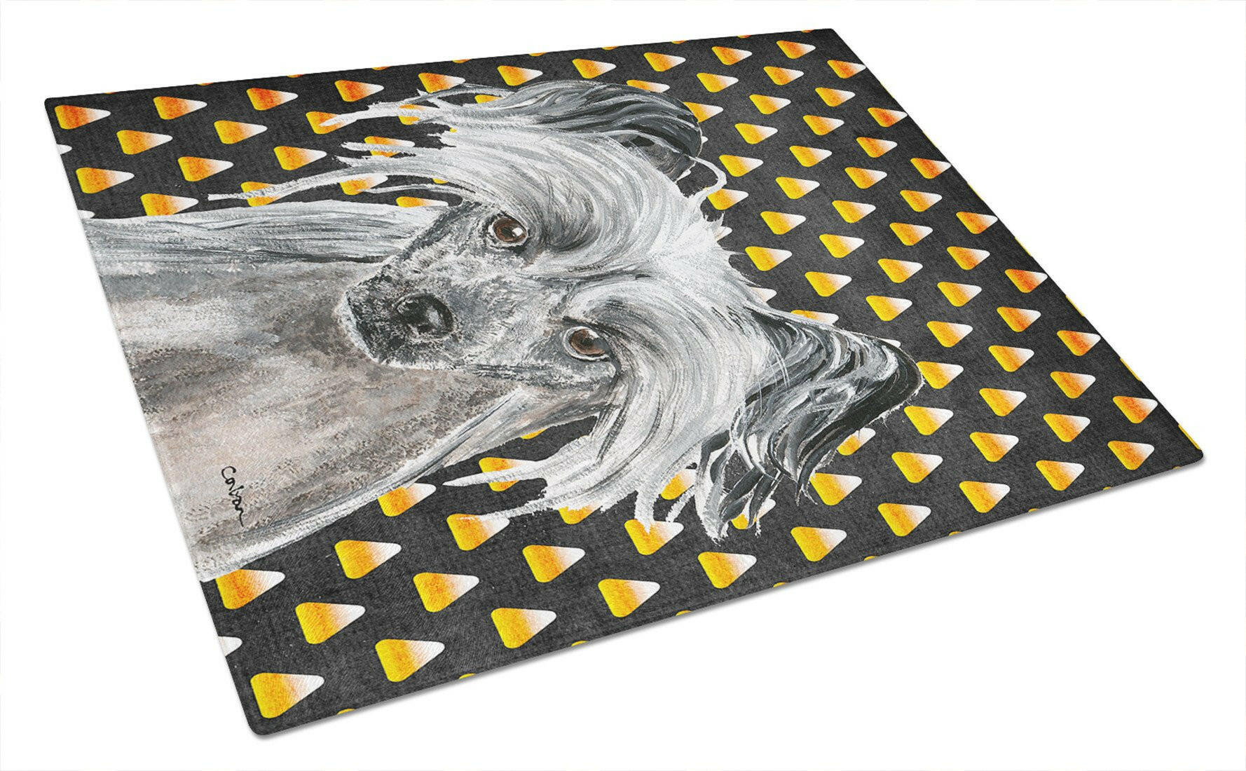 Chinese Crested Candy Corn Halloween Cutting Board Tempered Glass Kitchen Cutting Surface, Heat Resistant Chopping, Non-Slip Feet, Food Prep & Serving