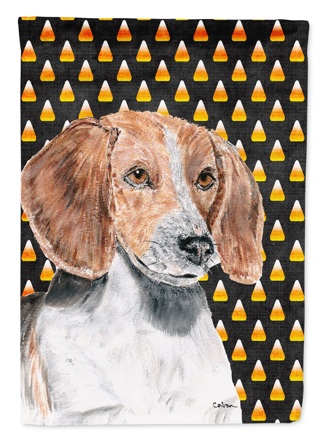English Foxhound Candy Corn Halloween House Flag 28x40 Porch Sleeve Pole Decorative Outside Yard Banner Artwork Wall Hanging, Polyester