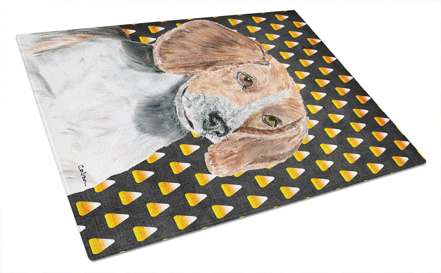 English Foxhound Candy Corn Halloween Cutting Board Tempered Glass Kitchen Cutting Surface, Heat Resistant Chopping, Non-Slip Feet, Food Prep & Serving