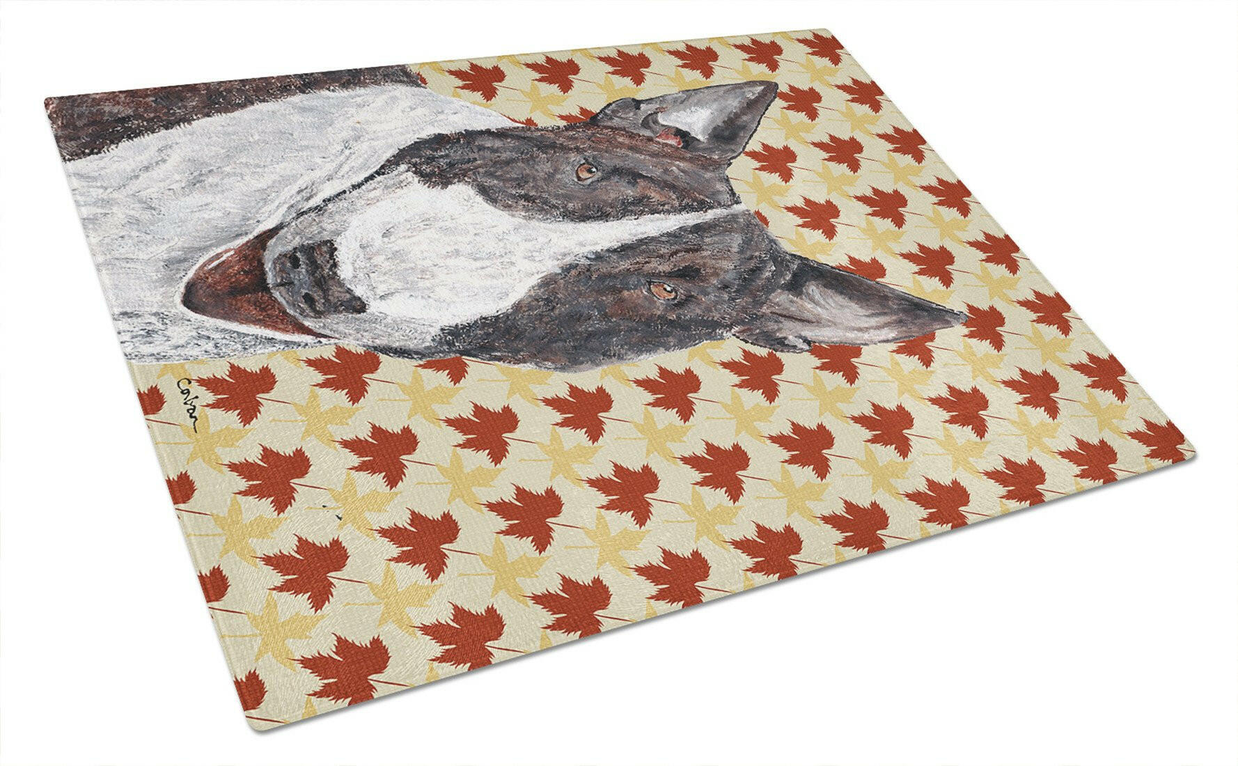 Bull Terrier Fall Leaves Cutting Board Tempered Glass Kitchen Cutting Surface, Heat Resistant Chopping, Non-Slip Feet, Food Prep & Serving