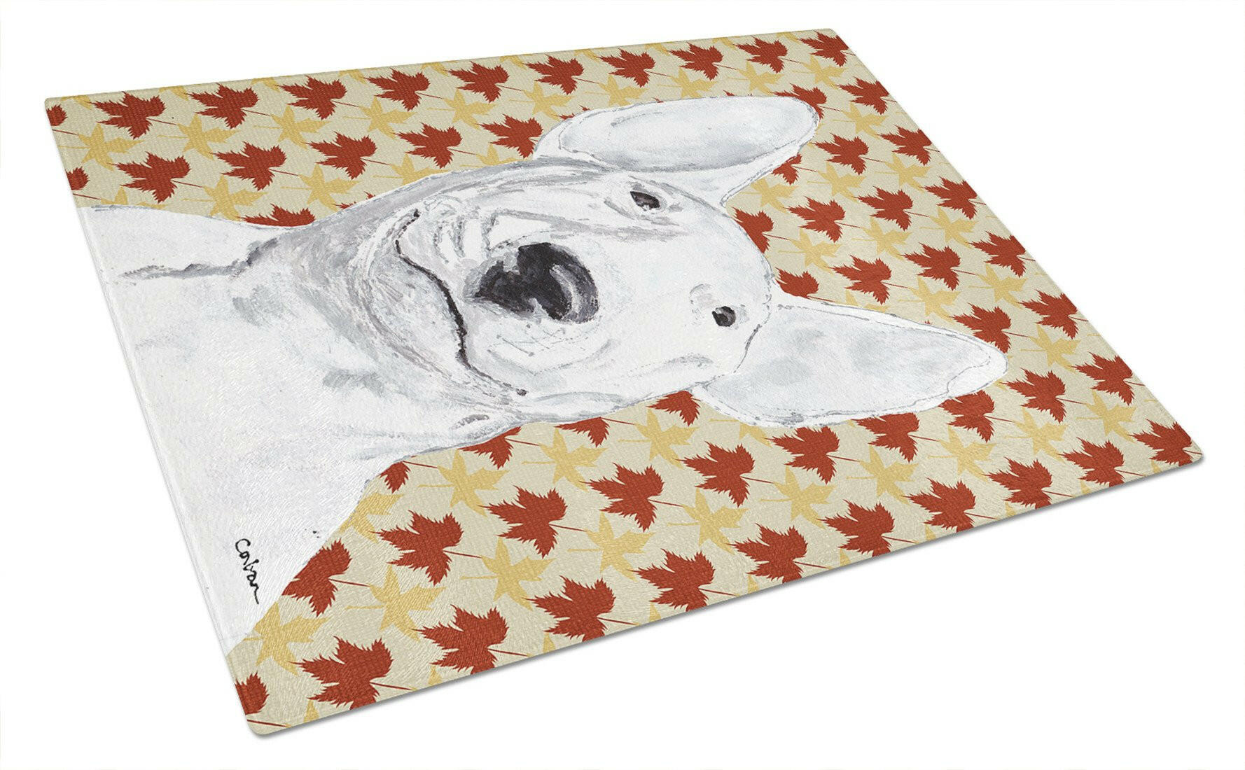Bull Terrier Fall Leaves Cutting Board Tempered Glass Kitchen Cutting Surface, Heat Resistant Chopping, Non-Slip Feet, Food Prep & Serving