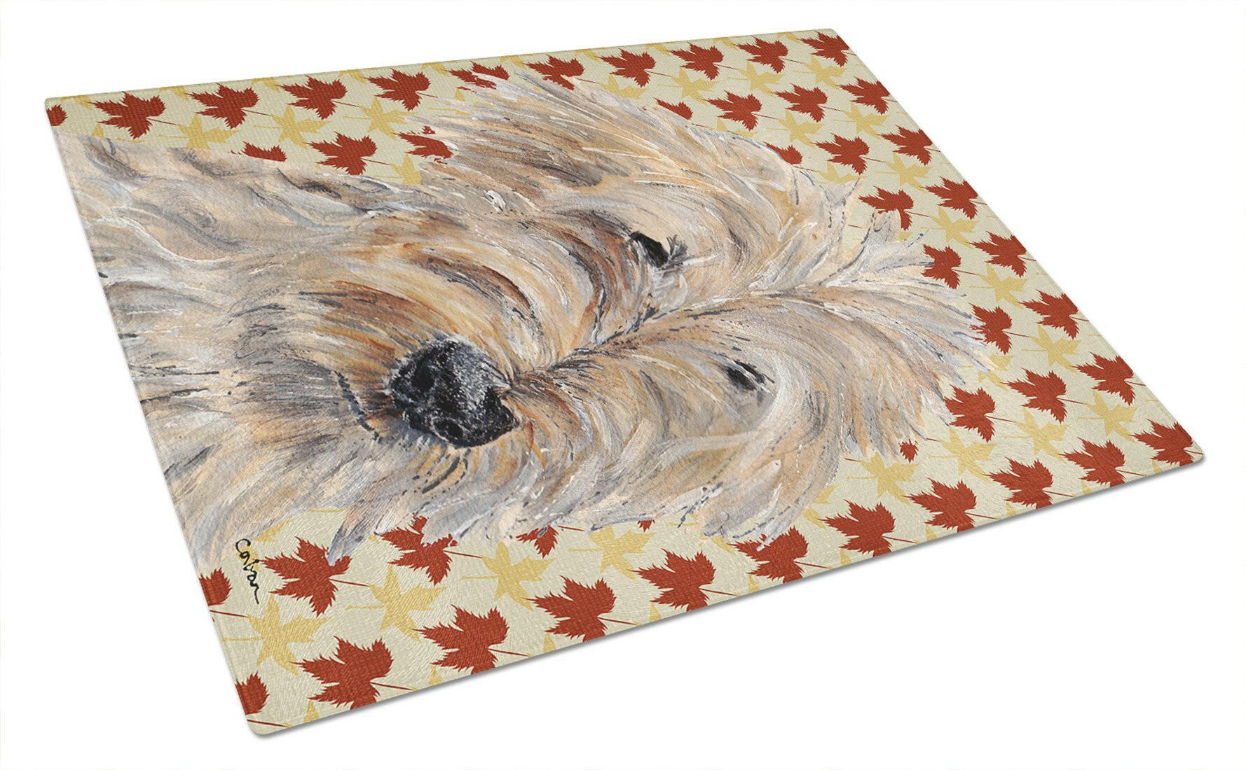 Golden Doodle Fall Leaves Cutting Board Tempered Glass Kitchen Cutting Surface, Heat Resistant Chopping, Non-Slip Feet, Food Prep & Serving