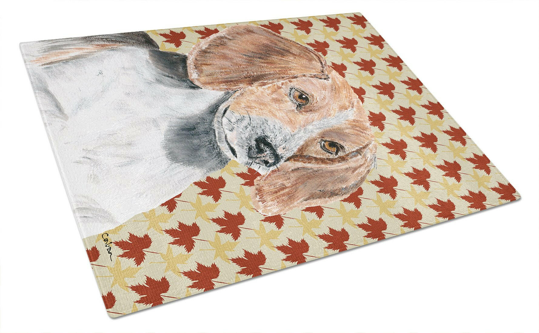 English Foxhound Fall Leaves Cutting Board Tempered Glass Kitchen Cutting Surface, Heat Resistant Chopping, Non-Slip Feet, Food Prep & Serving