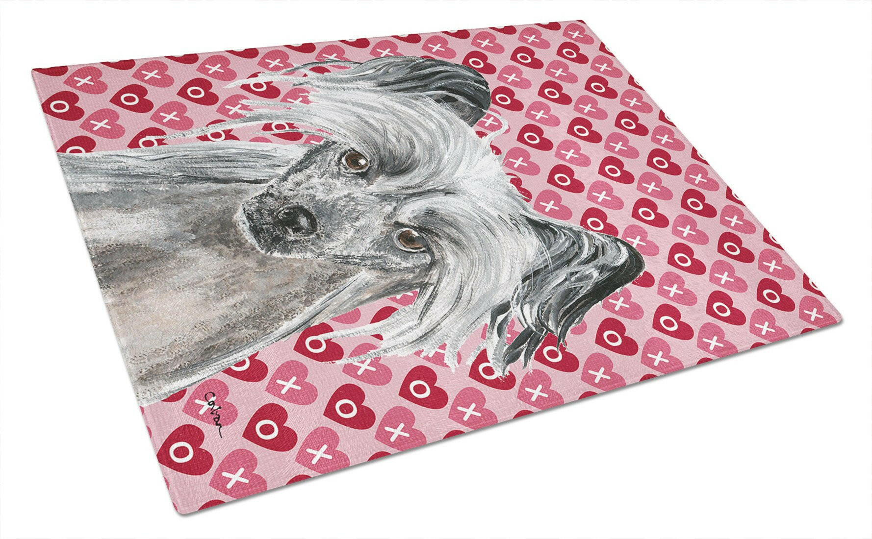 Chinese Crested Hearts and Love Cutting Board Tempered Glass Kitchen Cutting Surface, Heat Resistant Chopping, Non-Slip Feet, Food Prep & Serving