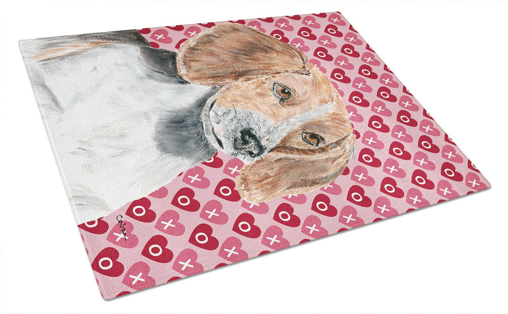 English Foxhound Hearts and Love Cutting Board Tempered Glass Kitchen Cutting Surface, Heat Resistant Chopping, Non-Slip Feet, Food Prep & Serving
