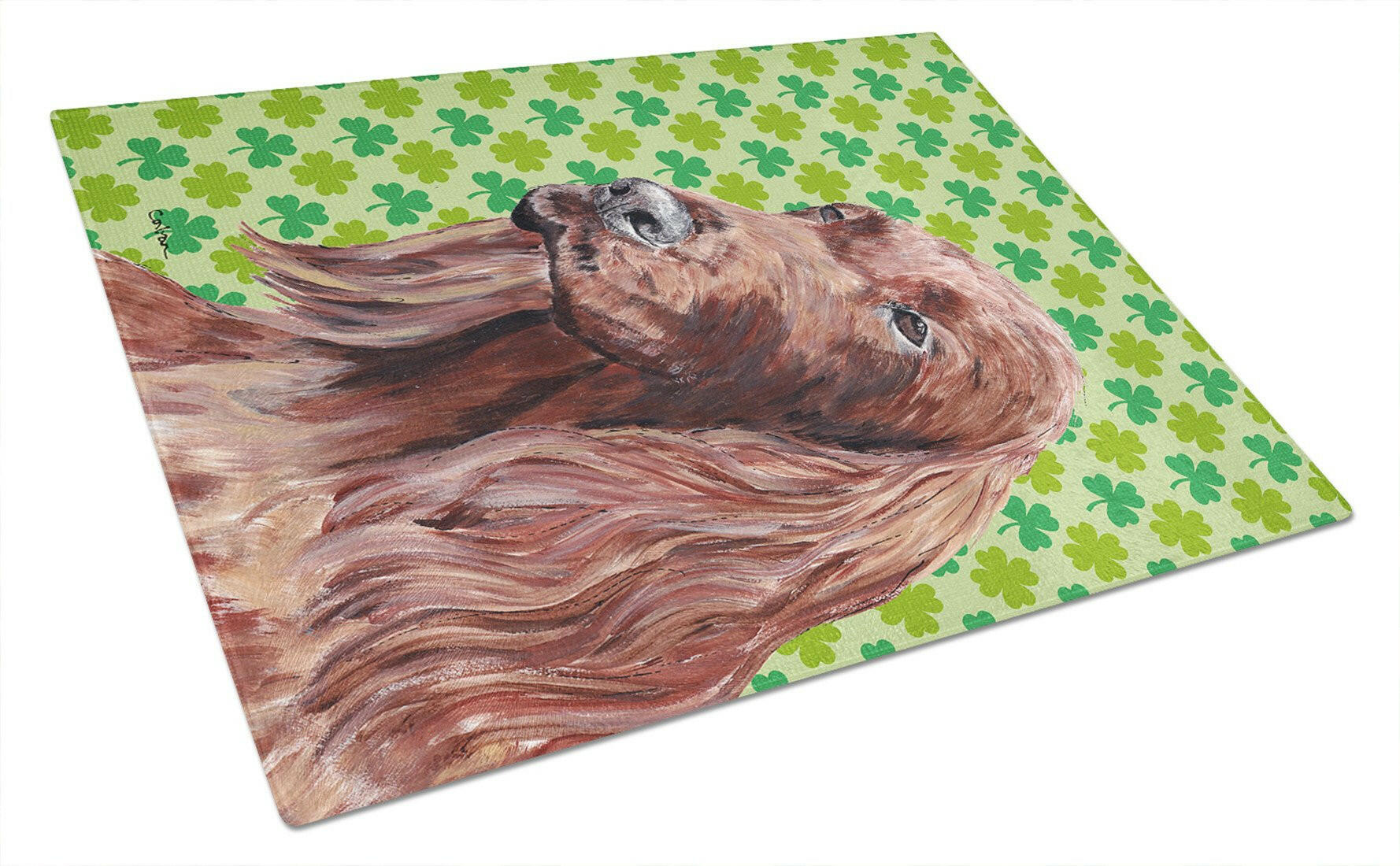 Irish Setter Lucky Shamrock St. Patrick's Day Cutting Board Tempered Glass Kitchen Cutting Surface, Heat Resistant Chopping, Non-Slip Feet, Food Prep & Serving