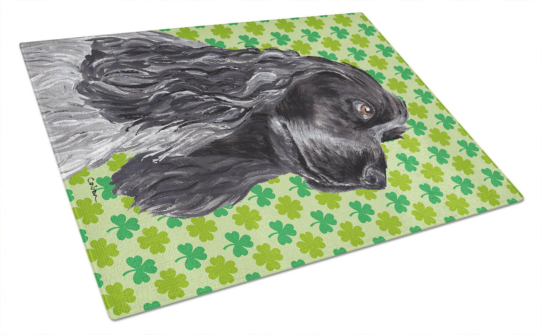 Black Cocker Spaniel Lucky Shamrock St. Patrick's Day Cutting Board Tempered Glass Kitchen Cutting Surface, Heat Resistant Chopping, Non-Slip Feet, Food Prep & Serving