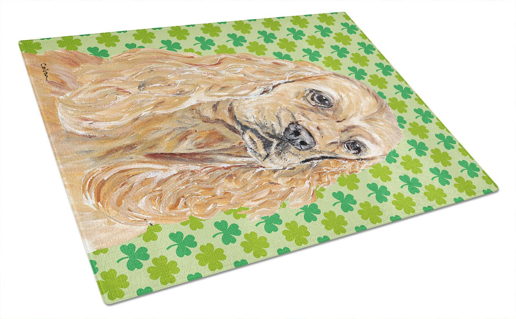 Buff Cocker Spaniel Lucky Shamrock St. Patrick's Day Cutting Board Tempered Glass Kitchen Cutting Surface, Heat Resistant Chopping, Non-Slip Feet, Food Prep & Serving