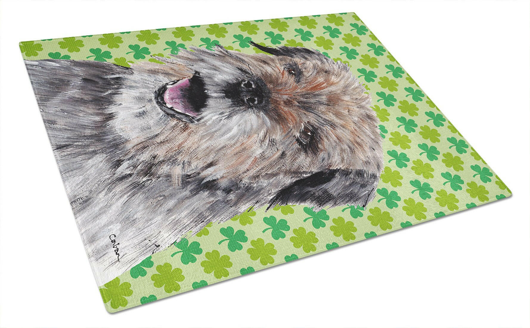 Border Terrier Lucky Shamrock St. Patrick's Day Cutting Board Tempered Glass Kitchen Cutting Surface, Heat Resistant Chopping, Non-Slip Feet, Food Prep & Serving
