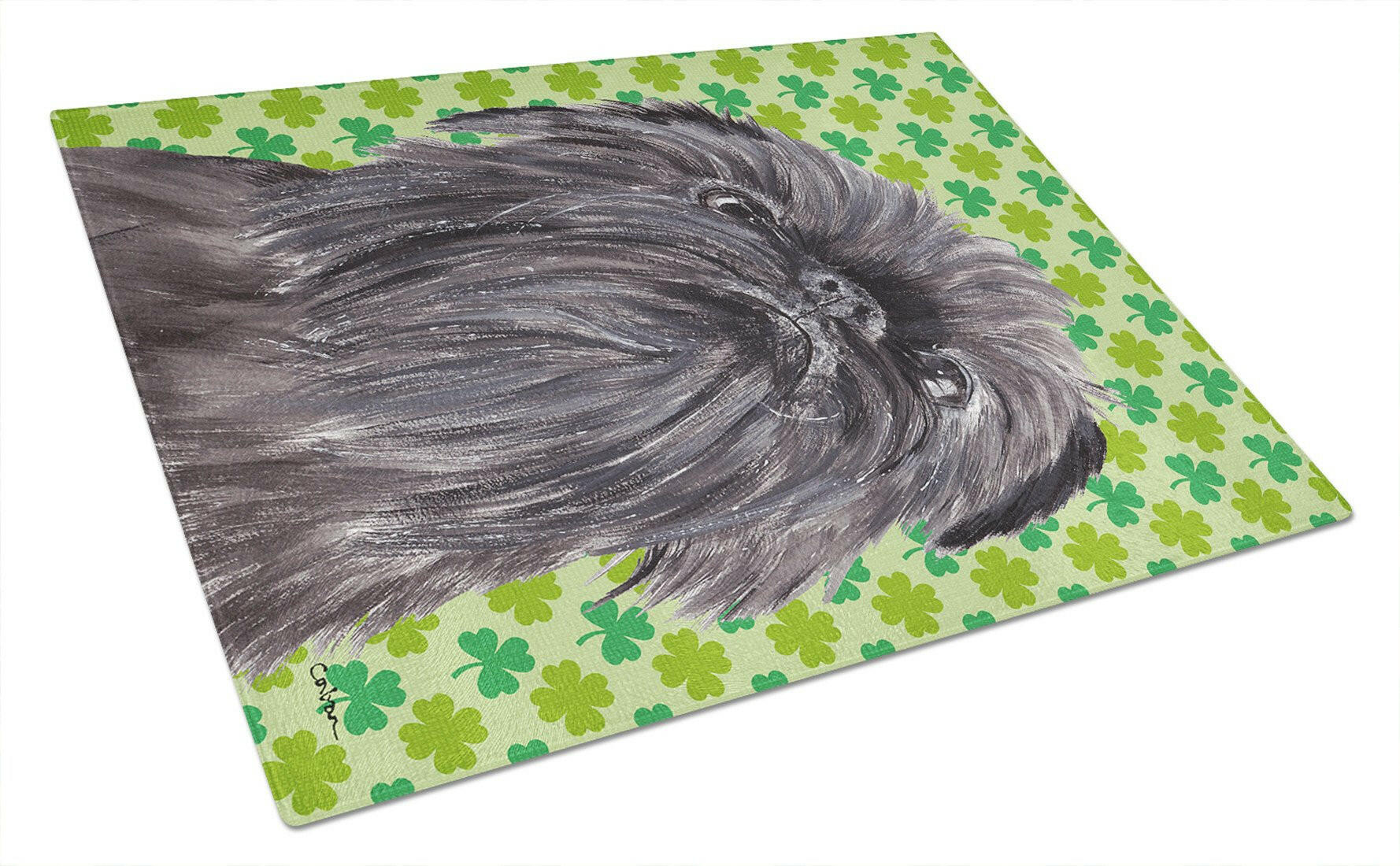 Brussels Griffon Lucky Shamrock St. Patrick's Day Cutting Board Tempered Glass Kitchen Cutting Surface, Heat Resistant Chopping, Non-Slip Feet, Food Prep & Serving