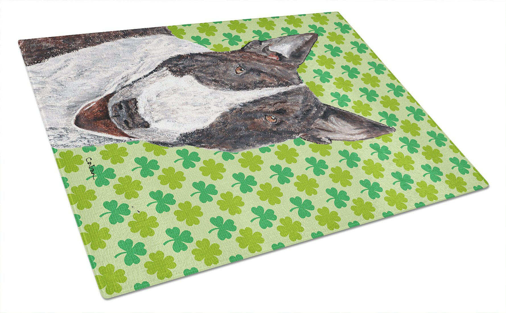 Bull Terrier Lucky Shamrock St. Patrick's Day Cutting Board Tempered Glass Kitchen Cutting Surface, Heat Resistant Chopping, Non-Slip Feet, Food Prep & Serving