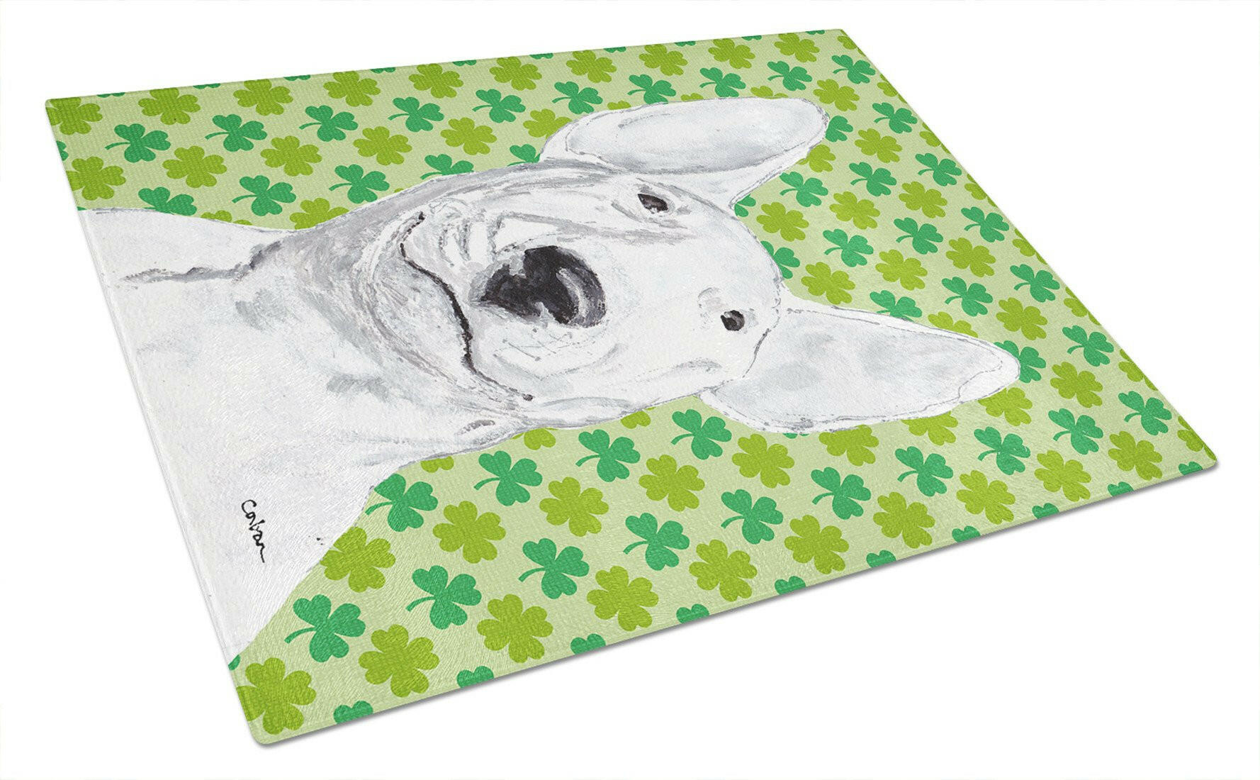 Bull Terrier Lucky Shamrock St. Patrick's Day Cutting Board Tempered Glass Kitchen Cutting Surface, Heat Resistant Chopping, Non-Slip Feet, Food Prep & Serving