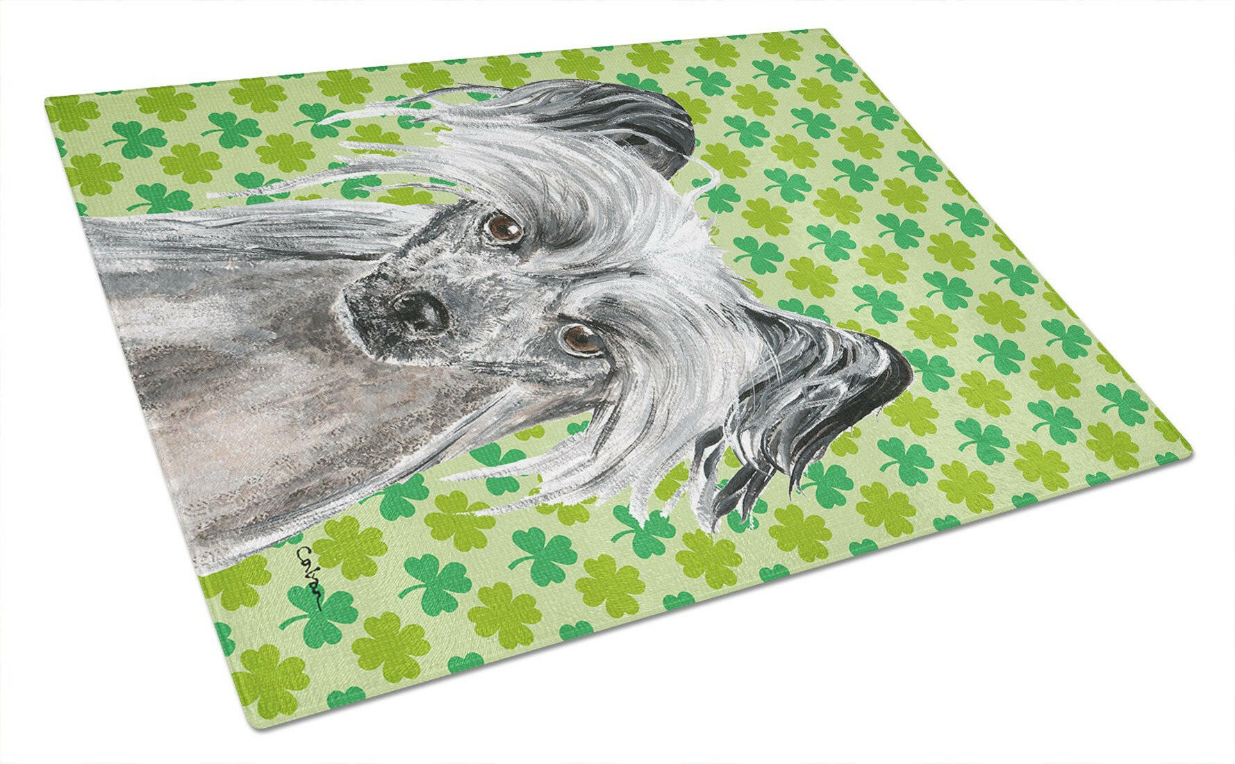Chinese Crested Lucky Shamrock St. Patrick's Day Cutting Board Tempered Glass Kitchen Cutting Surface, Heat Resistant Chopping, Non-Slip Feet, Food Prep & Serving