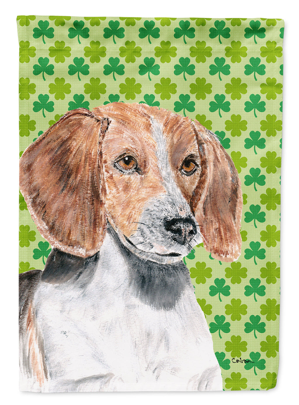 English Foxhound Lucky Shamrock St. Patrick's Day House Flag 28x40 Porch Sleeve Pole Decorative Outside Yard Banner Artwork Wall Hanging, Polyester