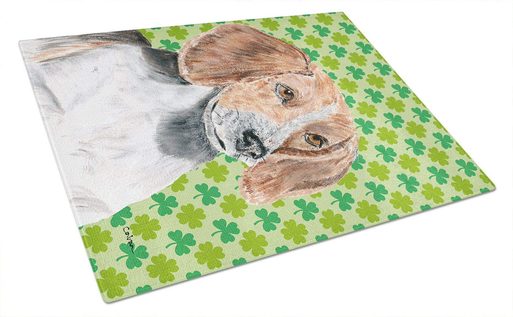 English Foxhound Lucky Shamrock St. Patrick's Day Cutting Board Tempered Glass Kitchen Cutting Surface, Heat Resistant Chopping, Non-Slip Feet, Food Prep & Serving