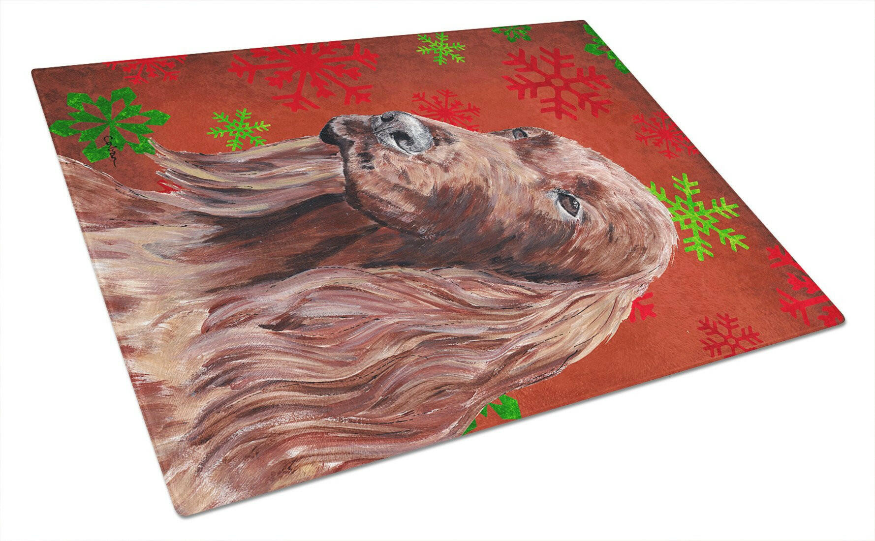 Irish Setter Red Snowflakes Holiday Cutting Board Tempered Glass Kitchen Cutting Surface, Heat Resistant Chopping, Non-Slip Feet, Food Prep & Serving