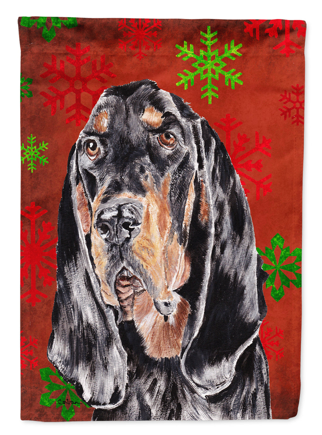Black and Tan Coonhound Red Snowflakes Holiday House Flag 28x40 Porch Sleeve Pole Decorative Outside Yard Banner Artwork Wall Hanging, Polyester