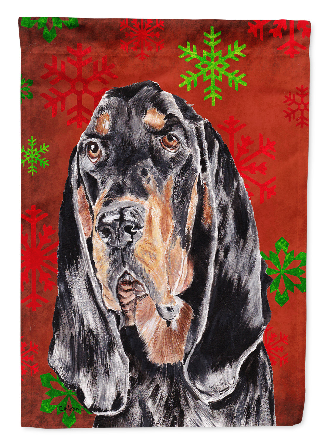 Black and Tan Coonhound Red Snowflakes Holiday House Flag 28x40 Porch Sleeve Pole Decorative Outside Yard Banner Artwork Wall Hanging, Polyester