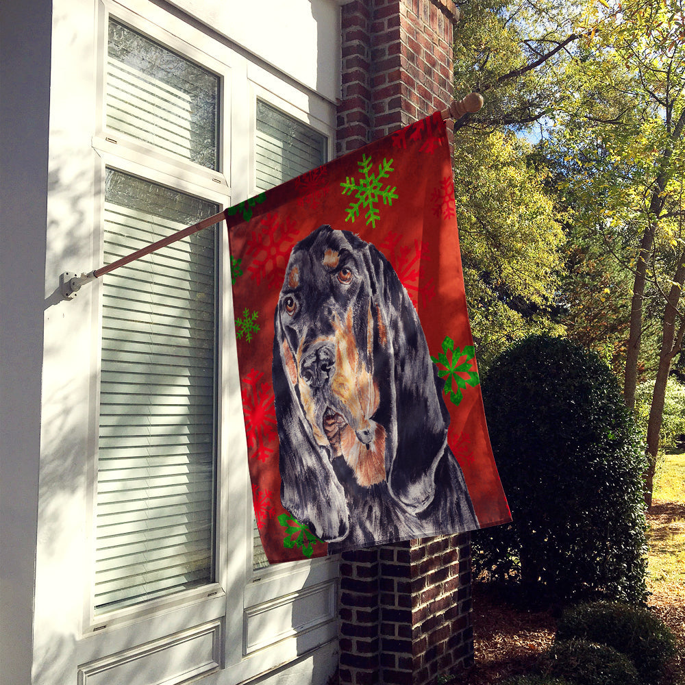 Black and Tan Coonhound Red Snowflakes Holiday House Flag 28x40 Porch Sleeve Pole Decorative Outside Yard Banner Artwork Wall Hanging, Polyester