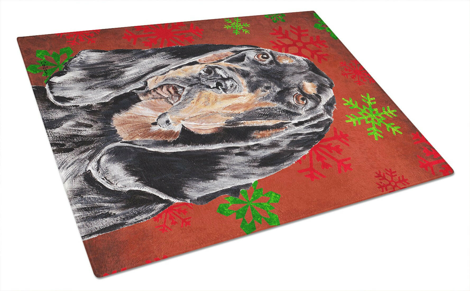 Black and Tan Coonhound Red Snowflakes Holiday Cutting Board Tempered Glass Kitchen Cutting Surface, Heat Resistant Chopping, Non-Slip Feet, Food Prep & Serving