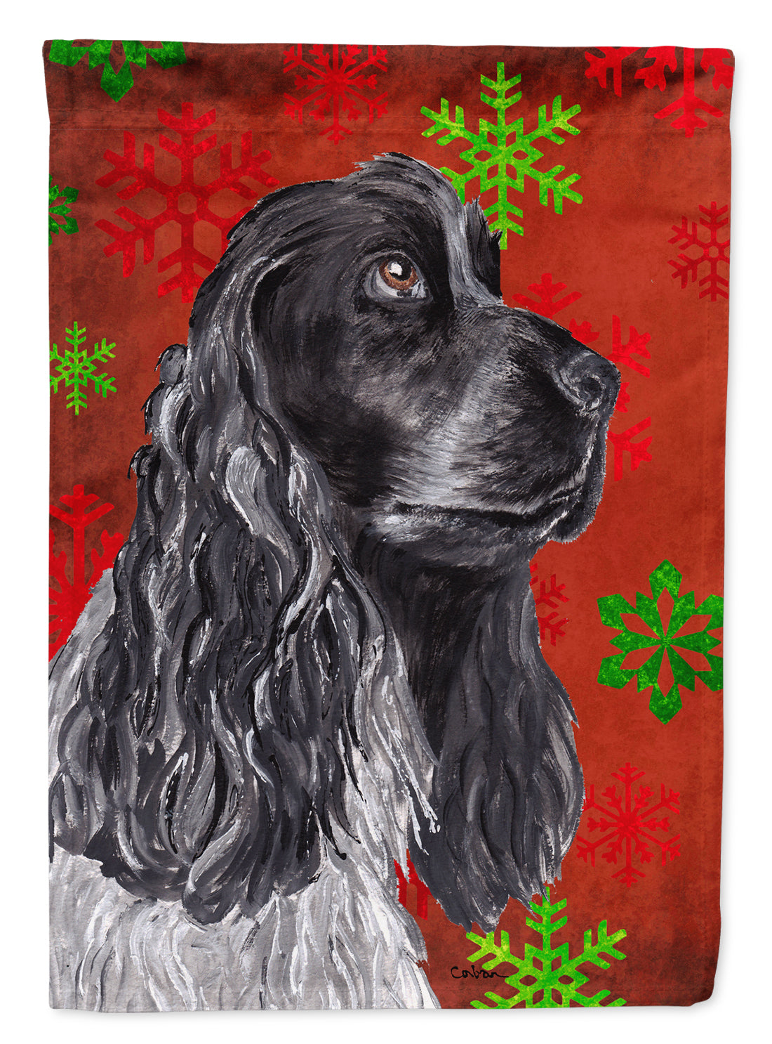 Black Cocker Spaniel Red Snowflakes Holiday House Flag 28x40 Porch Sleeve Pole Decorative Outside Yard Banner Artwork Wall Hanging, Polyester
