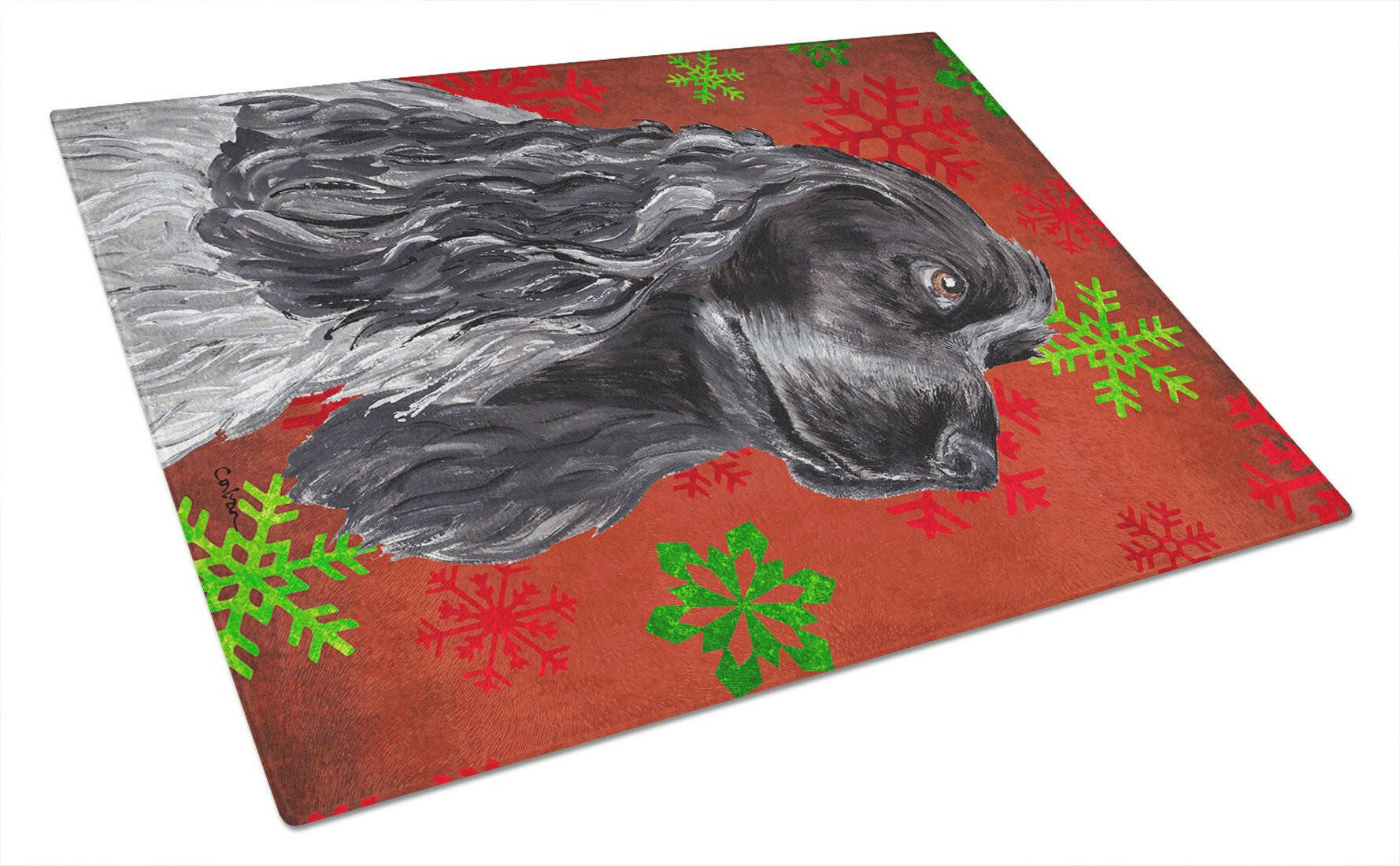 Black Cocker Spaniel Red Snowflakes Holiday Cutting Board Tempered Glass Kitchen Cutting Surface, Heat Resistant Chopping, Non-Slip Feet, Food Prep & Serving
