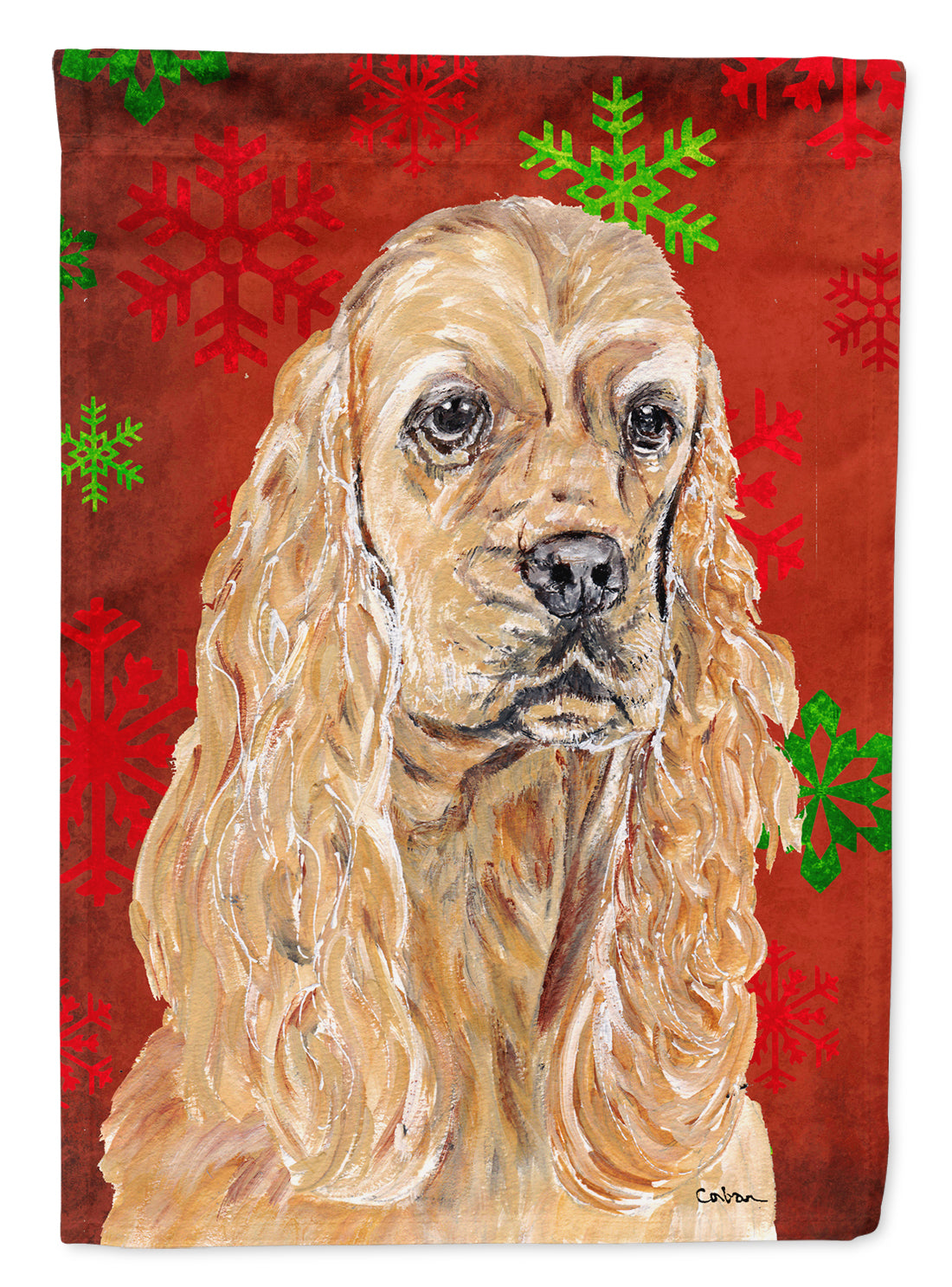 Buff Cocker Spaniel Red Snowflakes Holiday House Flag 28x40 Porch Sleeve Pole Decorative Outside Yard Banner Artwork Wall Hanging, Polyester