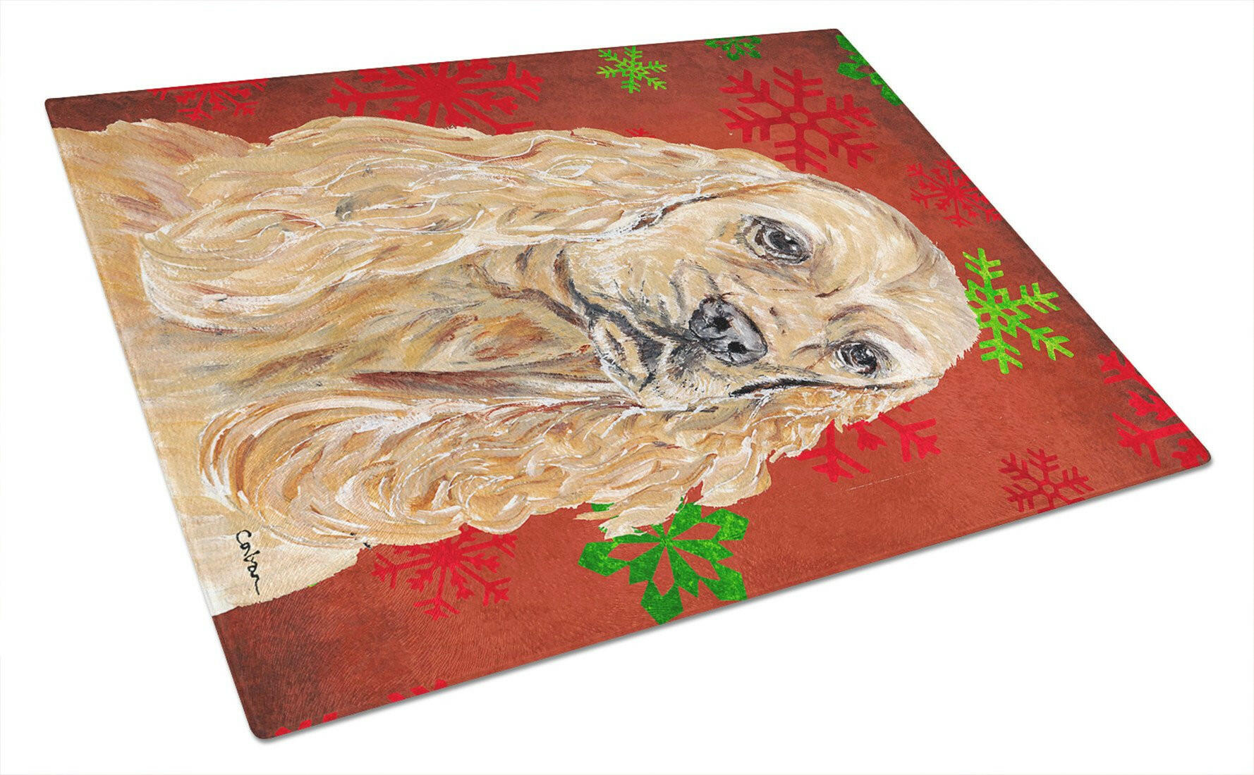 Buff Cocker Spaniel Red Snowflakes Holiday Cutting Board Tempered Glass Kitchen Cutting Surface, Heat Resistant Chopping, Non-Slip Feet, Food Prep & Serving