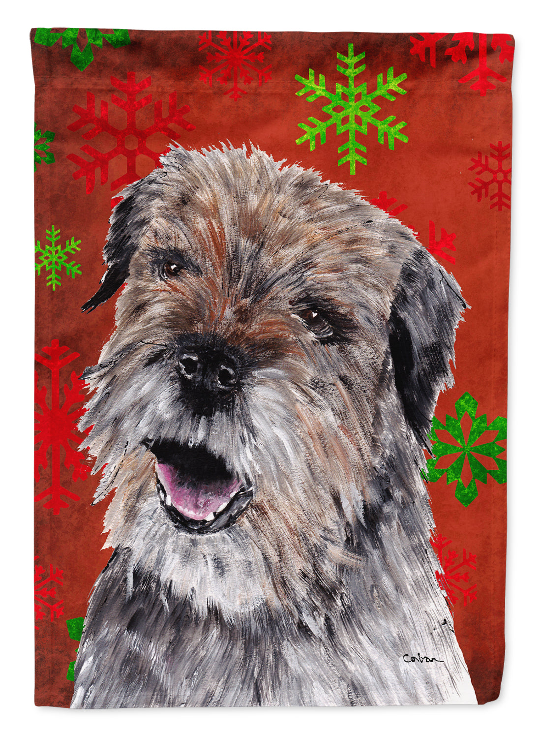 Border Terrier Red Snowflakes Holiday House Flag 28x40 Porch Sleeve Pole Decorative Outside Yard Banner Artwork Wall Hanging, Polyester