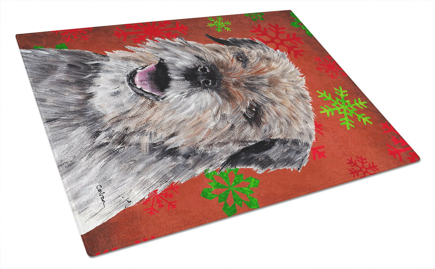 Border Terrier Red Snowflakes Holiday Cutting Board Tempered Glass Kitchen Cutting Surface, Heat Resistant Chopping, Non-Slip Feet, Food Prep & Serving
