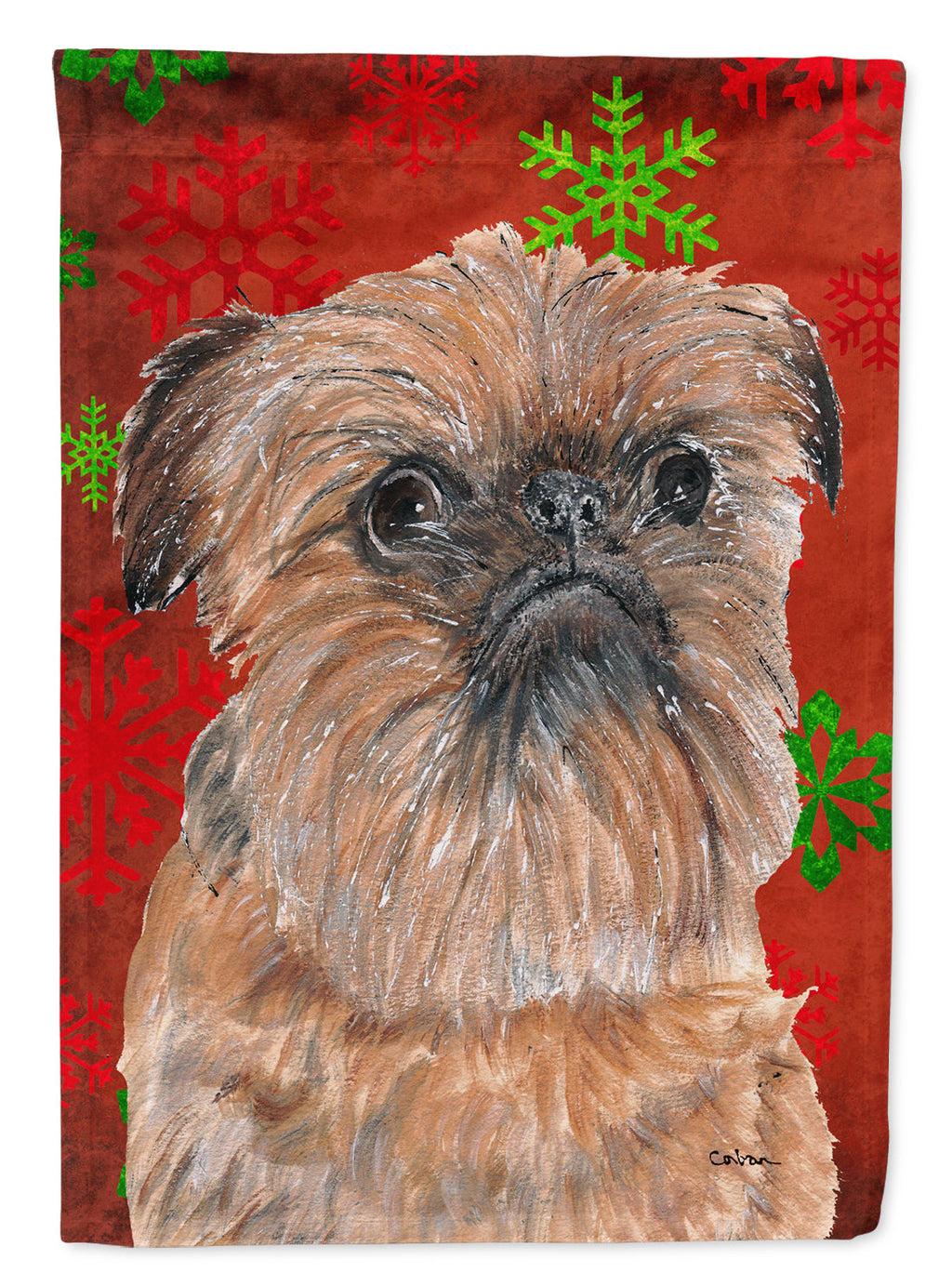 Brussels Griffon Red Snowflakes Holiday House Flag 28x40 Porch Sleeve Pole Decorative Outside Yard Banner Artwork Wall Hanging, Polyester