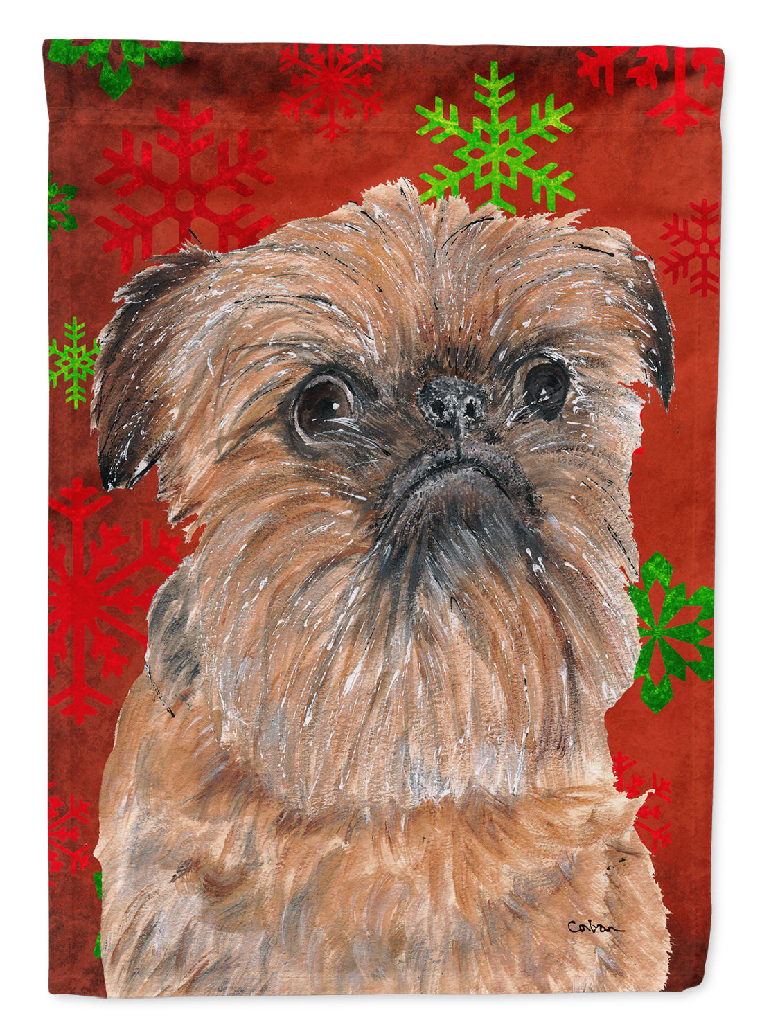 Brussels Griffon Red Snowflakes Holiday House Flag 28x40 Porch Sleeve Pole Decorative Outside Yard Banner Artwork Wall Hanging, Polyester