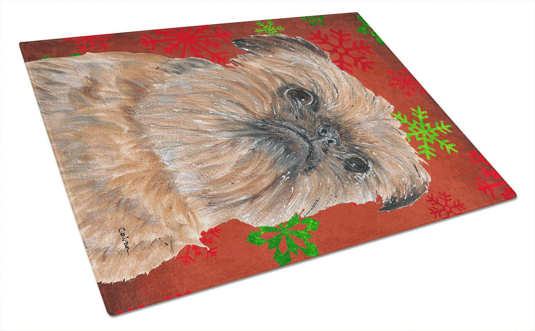 Brussels Griffon Red Snowflakes Holiday Cutting Board Tempered Glass Kitchen Cutting Surface, Heat Resistant Chopping, Non-Slip Feet, Food Prep & Serving